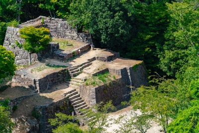 Château de Naegi : remparts de roche et vue à Nakatsugawa